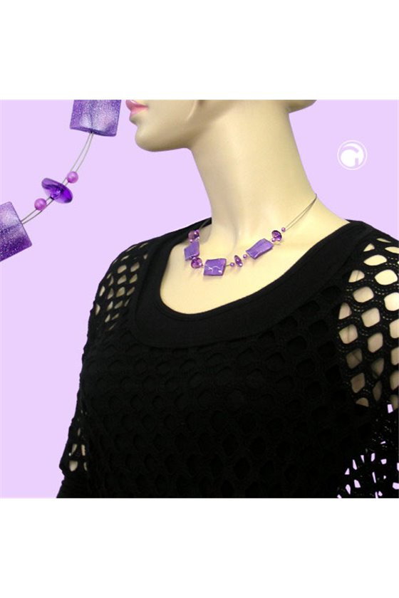 NECKLACE SHINY LILAC RECTANGLE BEADS ON COATED FLEXIBLE WIRE 45CM