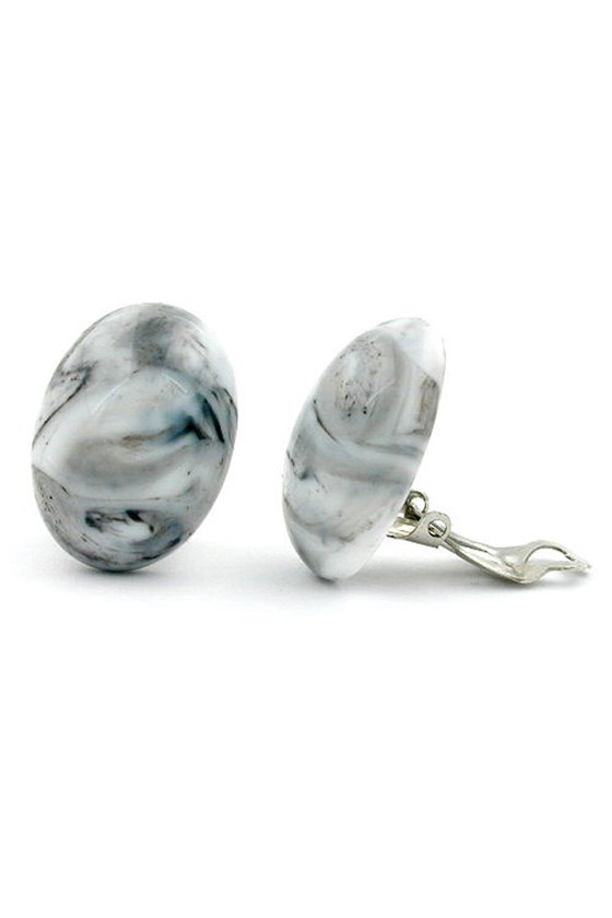 EARRING CLIP-ON OVAL GREY-WHITE-MARBLED