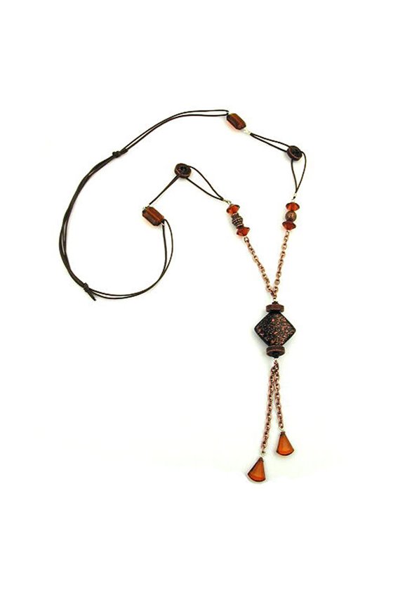 NECKLACE SQUARE BEAD BLACK/COPPER/BROWN COLOURED