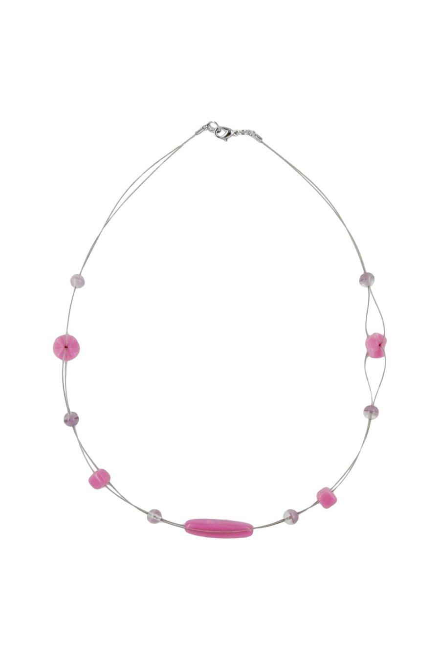 NECKLACE PINK AND LILAC GLASS BEADS ON COATED FLEXIBLE WIRE