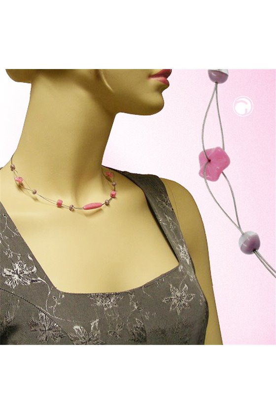 NECKLACE PINK AND LILAC GLASS BEADS ON COATED FLEXIBLE WIRE