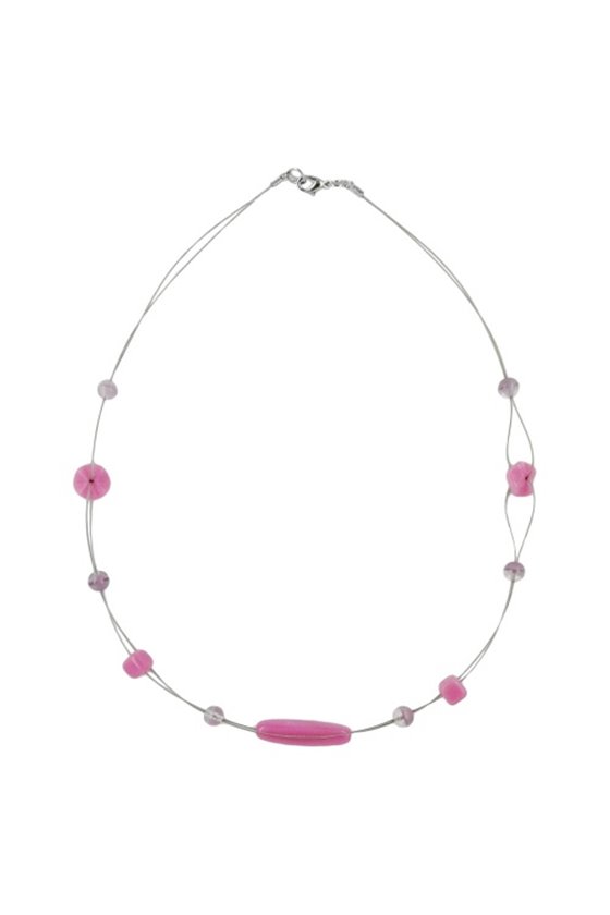 NECKLACE PINK AND LILAC GLASS BEADS ON COATED FLEXIBLE WIRE