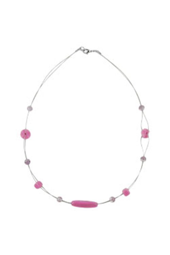 NECKLACE PINK AND LILAC GLASS BEADS ON COATED FLEXIBLE WIRE