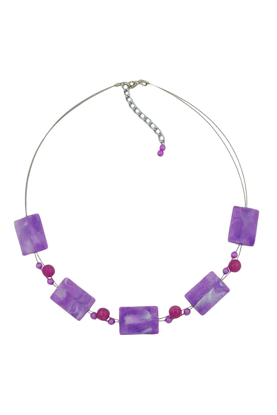 NECKLACE RECTANGLE BEADS LILAC AND WHITE-MARBLED 45CM