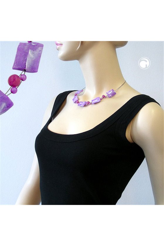 NECKLACE RECTANGLE BEADS LILAC AND WHITE-MARBLED 45CM
