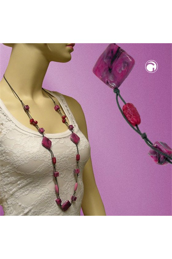 NECKLACE SQUARE BEADS PINK-GREY 100CM