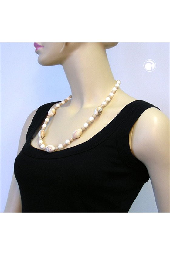 FASHION NECKLACE BEADS BEIGE-BROWN MARBLED 63CM NEW DE NO