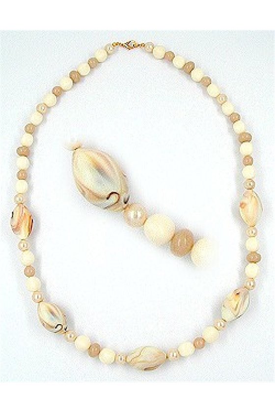 FASHION NECKLACE BEADS BEIGE-BROWN MARBLED 63CM NEW DE NO