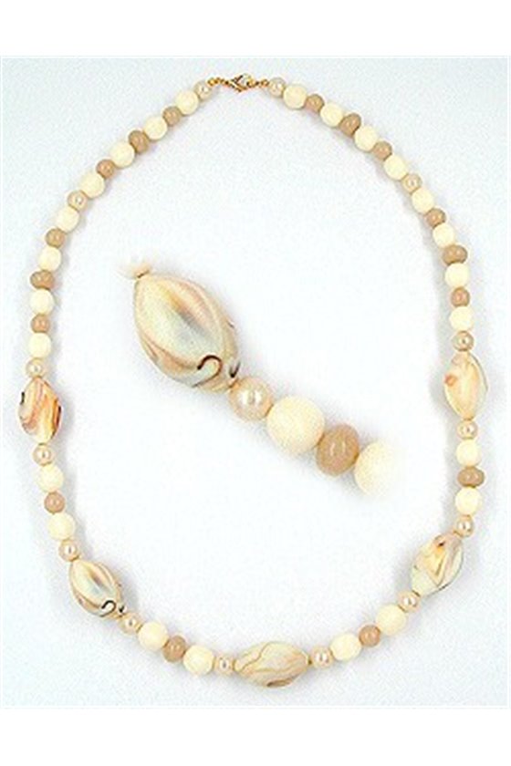 FASHION NECKLACE BEADS BEIGE-BROWN MARBLED 63CM NEW DE NO