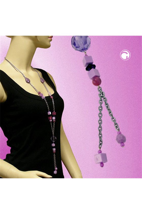 NECKLACE LILAC-PINK PLASTIC BEADS 90CM