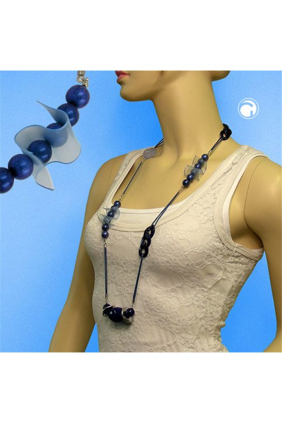 NECKLACE BEADS & ORGANZA BLUE 90CM