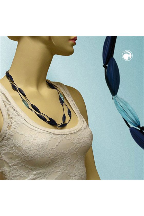 NECKLACE OLIVE-SHAPE BEADS WITH GROOVES BLUE-SILVER COLOR