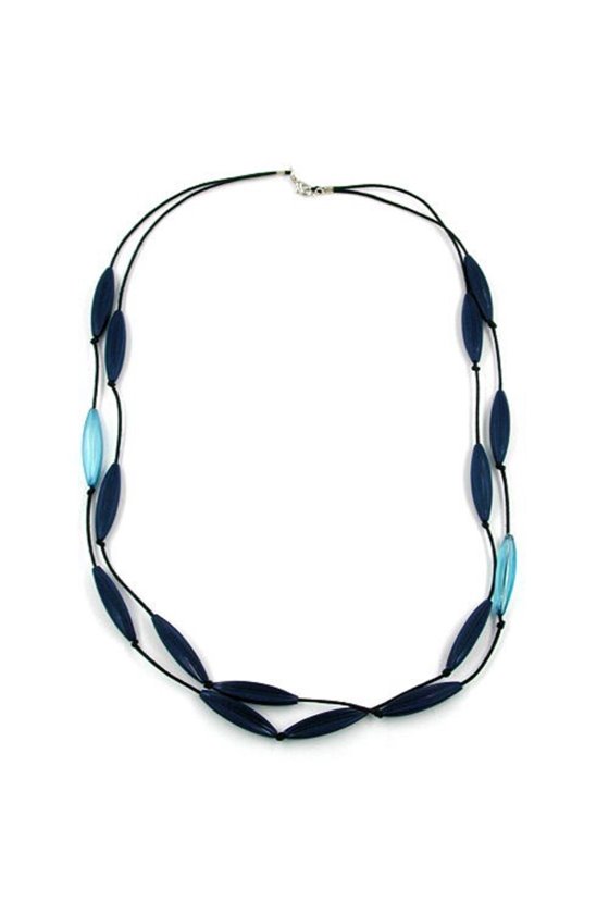 NECKLACE OLIVE-SHAPE BEADS WITH GROOVES BLUE-SILVER COLOR