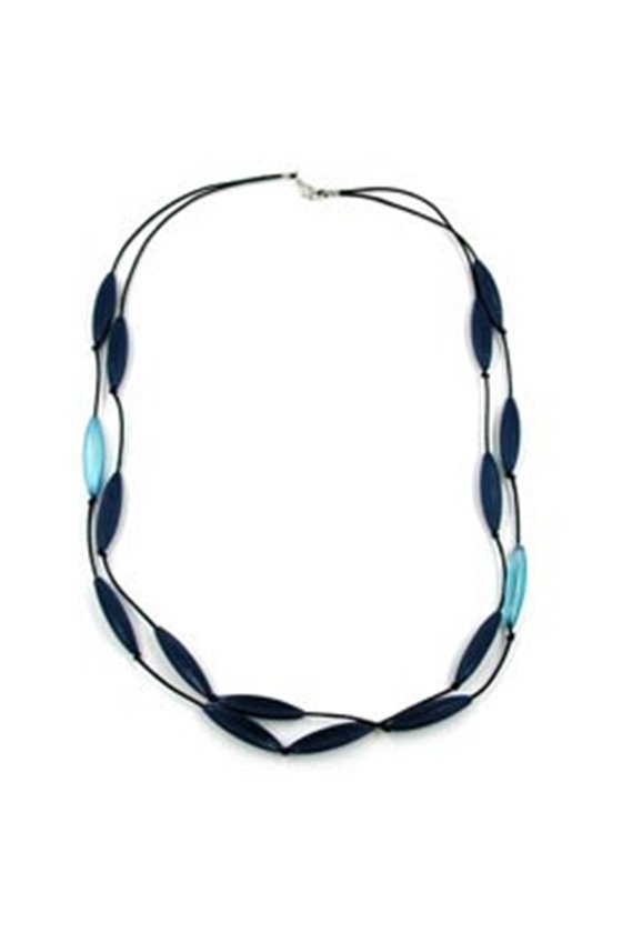 NECKLACE OLIVE-SHAPE BEADS WITH GROOVES BLUE-SILVER COLOR