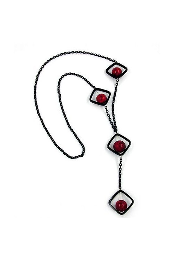 NECKLACE SQUARE BEADS BLACK-RED 80CM