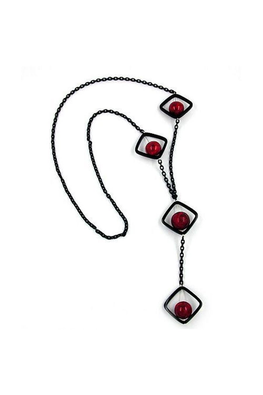 NECKLACE SQUARE BEADS BLACK-RED 80CM