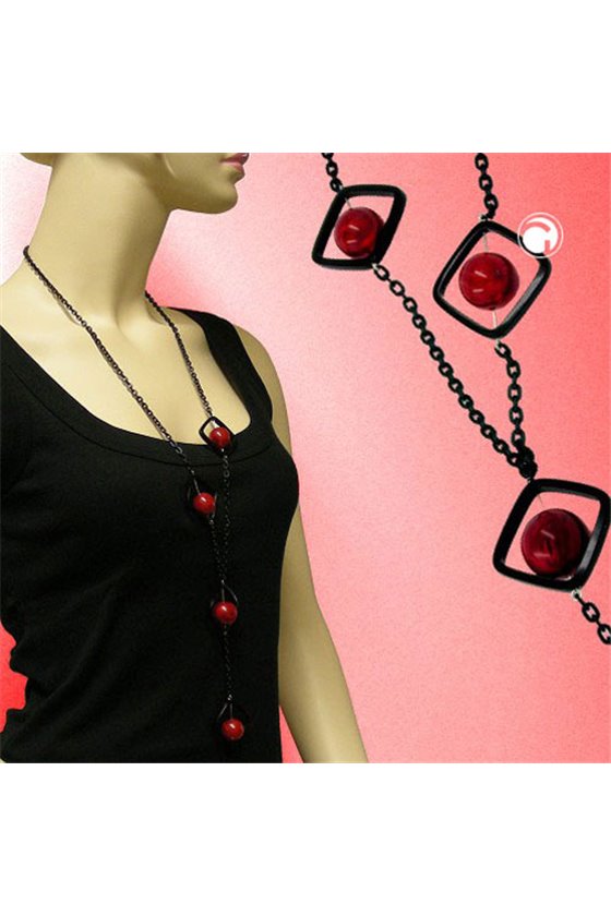 NECKLACE SQUARE BEADS BLACK-RED 80CM