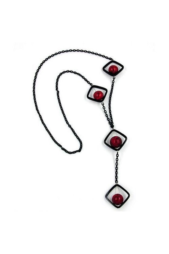 NECKLACE SQUARE BEADS BLACK-RED 80CM