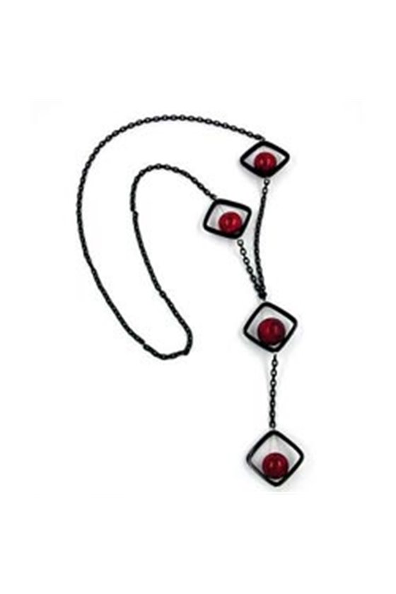 NECKLACE SQUARE BEADS BLACK-RED 80CM