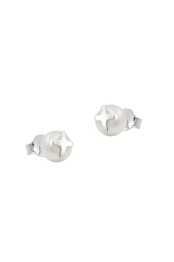 EARRINGS STUDS CROSS PEARL SILVER 925