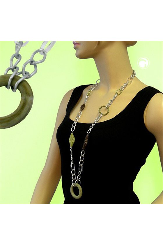 NECKLACE WIDE CURB CHAIN GREEN PEARLS