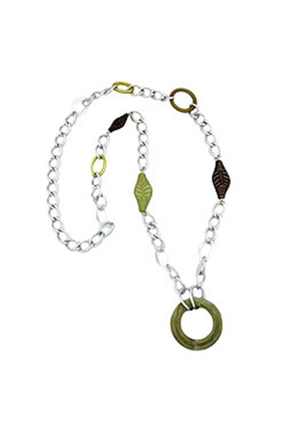 NECKLACE WIDE CURB CHAIN GREEN PEARLS