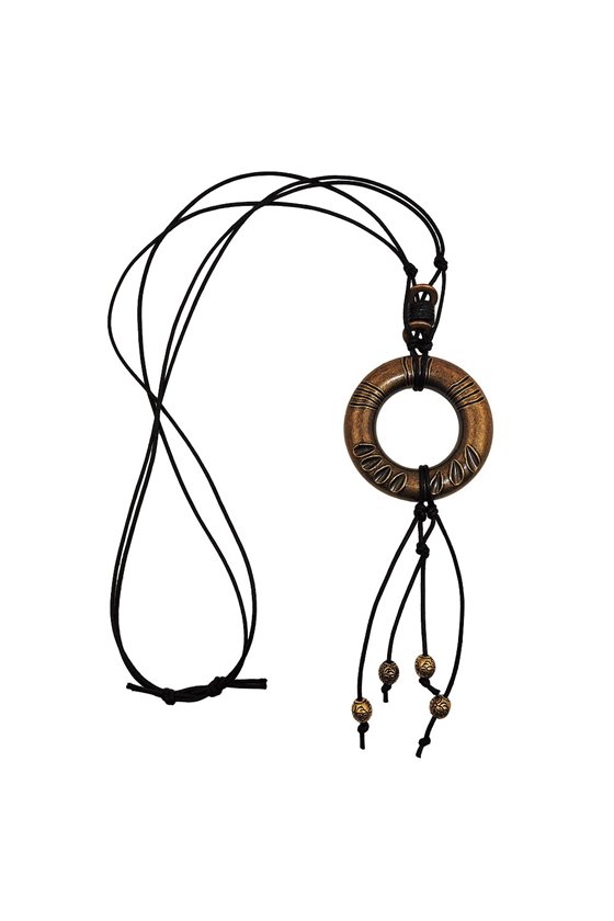 NECKLACE ANTIQUE BRASS RING BLACK CORD
