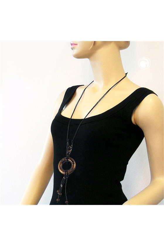 NECKLACE ANTIQUE BRASS RING BLACK CORD