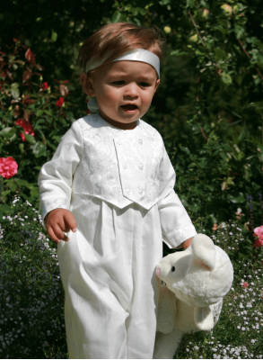 Baptism suite, Christening suite for boys with brocade vest in off white