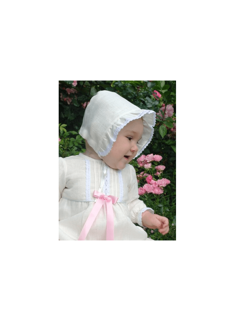 Christening bonnet in off white linen with antique look. Grace of Sweden