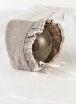 unisex Christening bonnet in natural linen