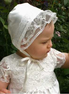 Christening bonnet in off white lace and satin, Grace of Sweden design