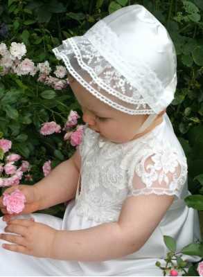 Christening bonnet in off white lace and satin romantic style