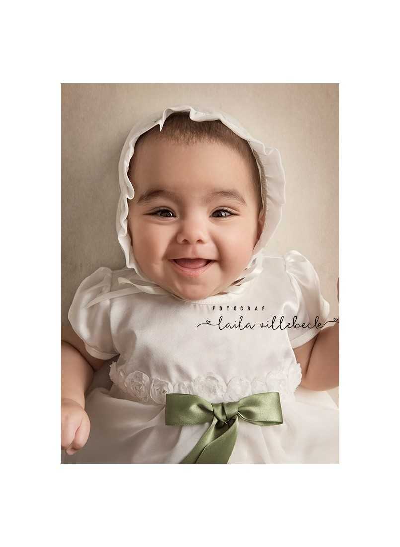 Christening bonnet Grace-Rose in satin and chiffon ruffel