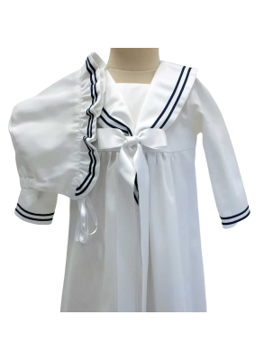Christening gown in sailor style with bonnet and white bow, Grace of Sweden