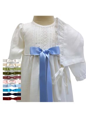 Christening gown in off white linen with long sleeves and bonnet