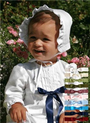 White cotton Christening gown with bonnet and 10 choices of bow – Grace of sweden