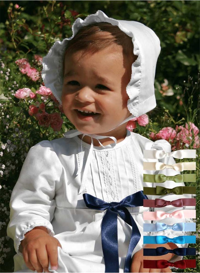 White cotton Christening gown with bonnet and 10 choices of bow – Grace of sweden